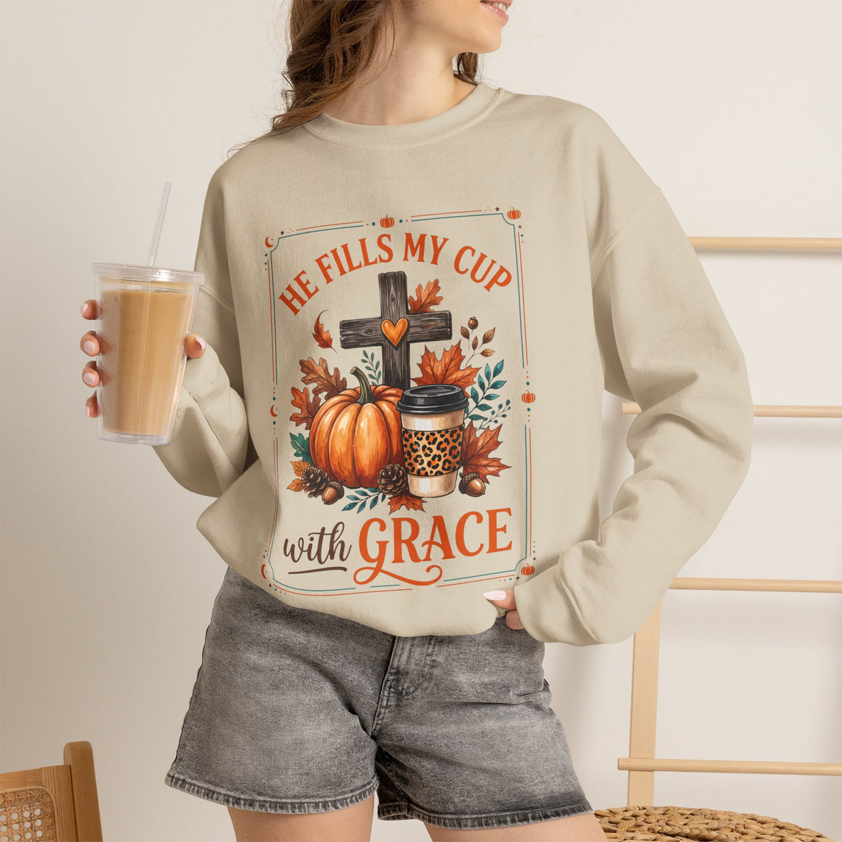 Grace-Filled Autumn Sweatshirt — "He Fills My Cup with Grace" Fall Christian Crewneck