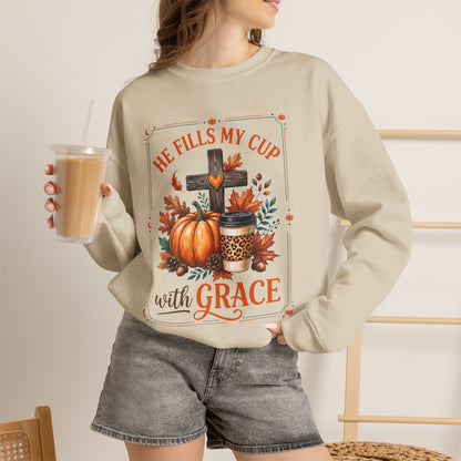 Grace-Filled Autumn Sweatshirt — "He Fills My Cup with Grace" Fall Christian Crewneck
