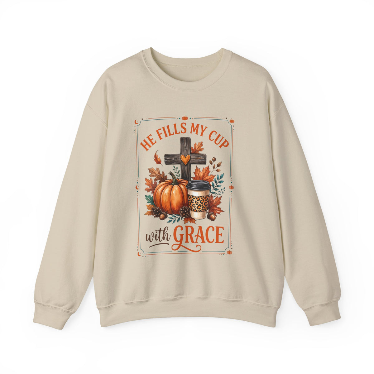 Grace-Filled Autumn Sweatshirt — "He Fills My Cup with Grace" Fall Christian Crewneck