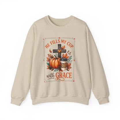 Grace-Filled Autumn Sweatshirt — "He Fills My Cup with Grace" Fall Christian Crewneck