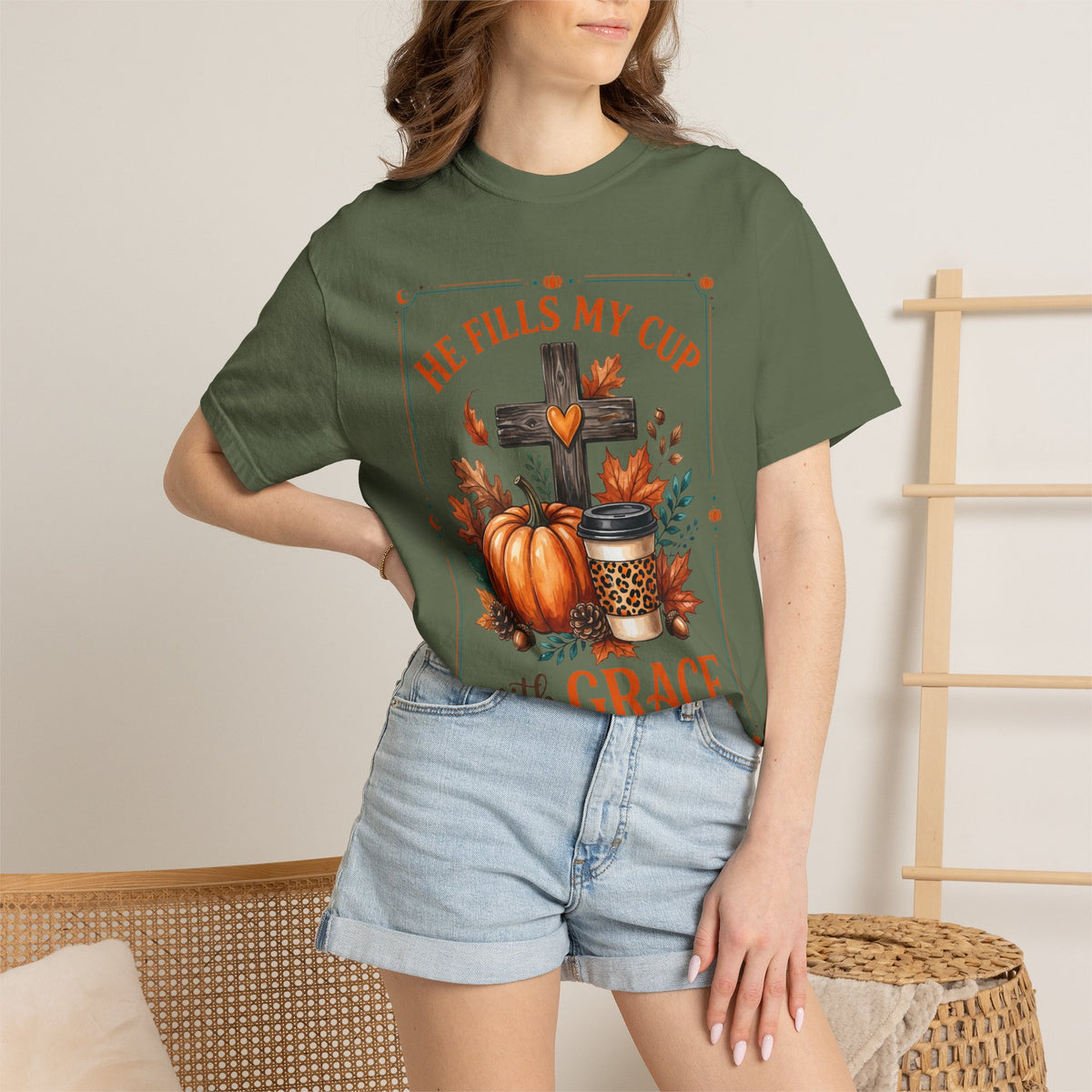 He Fills My Cup With Grace Tee — Christian Fall Pumpkin Cross Coffee Shirt