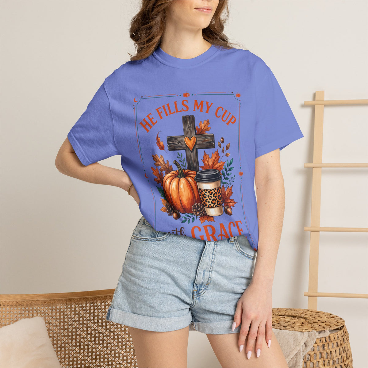 He Fills My Cup With Grace Tee — Christian Fall Pumpkin Cross Coffee Shirt