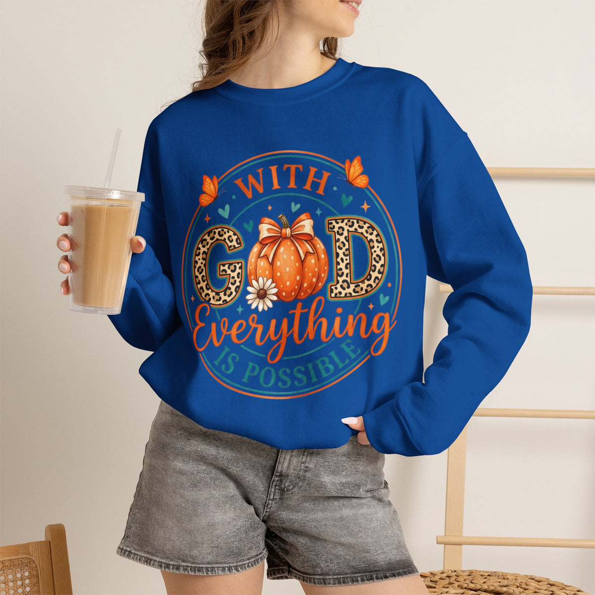 Christian Fall Sweatshirt - "With God Everything Is Possible" Pumpkin Crewneck
