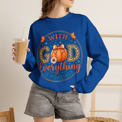 Christian Fall Sweatshirt - "With God Everything Is Possible" Pumpkin Crewneck