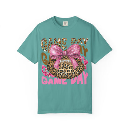 Game Day Leopard Football T-Shirt — Pink Bow Tailgate Tee for Women & Fans