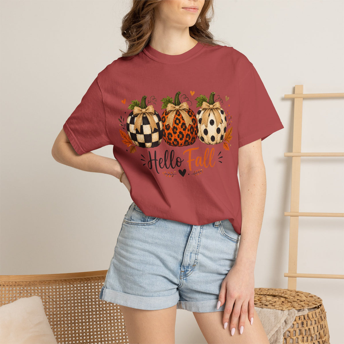 Hello Fall Pumpkin T-Shirt — Rustic Buffalo Check & Leopard Pumpkins, Autumn Graphic Tee