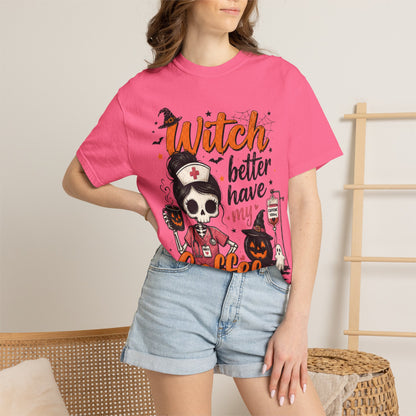 Witch Better Have My Coffee T‑Shirt — Halloween Nurse Skull Coffee Tee