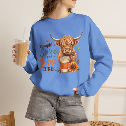 Crewneck Sweatshirt — Pumpkin Spice and Jesus Christ Highland Cow Fall Graphic