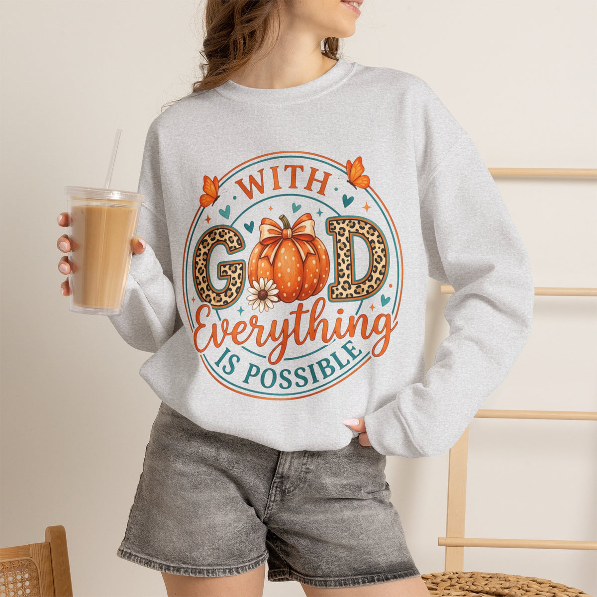 Christian Fall Sweatshirt - "With God Everything Is Possible" Pumpkin Crewneck