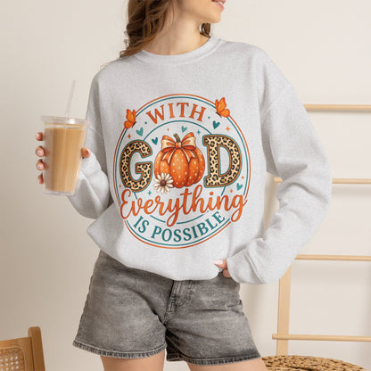 Christian Fall Sweatshirt - "With God Everything Is Possible" Pumpkin Crewneck