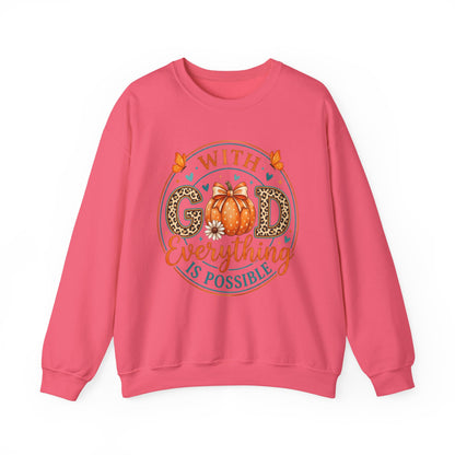 Christian Fall Sweatshirt - "With God Everything Is Possible" Pumpkin Crewneck
