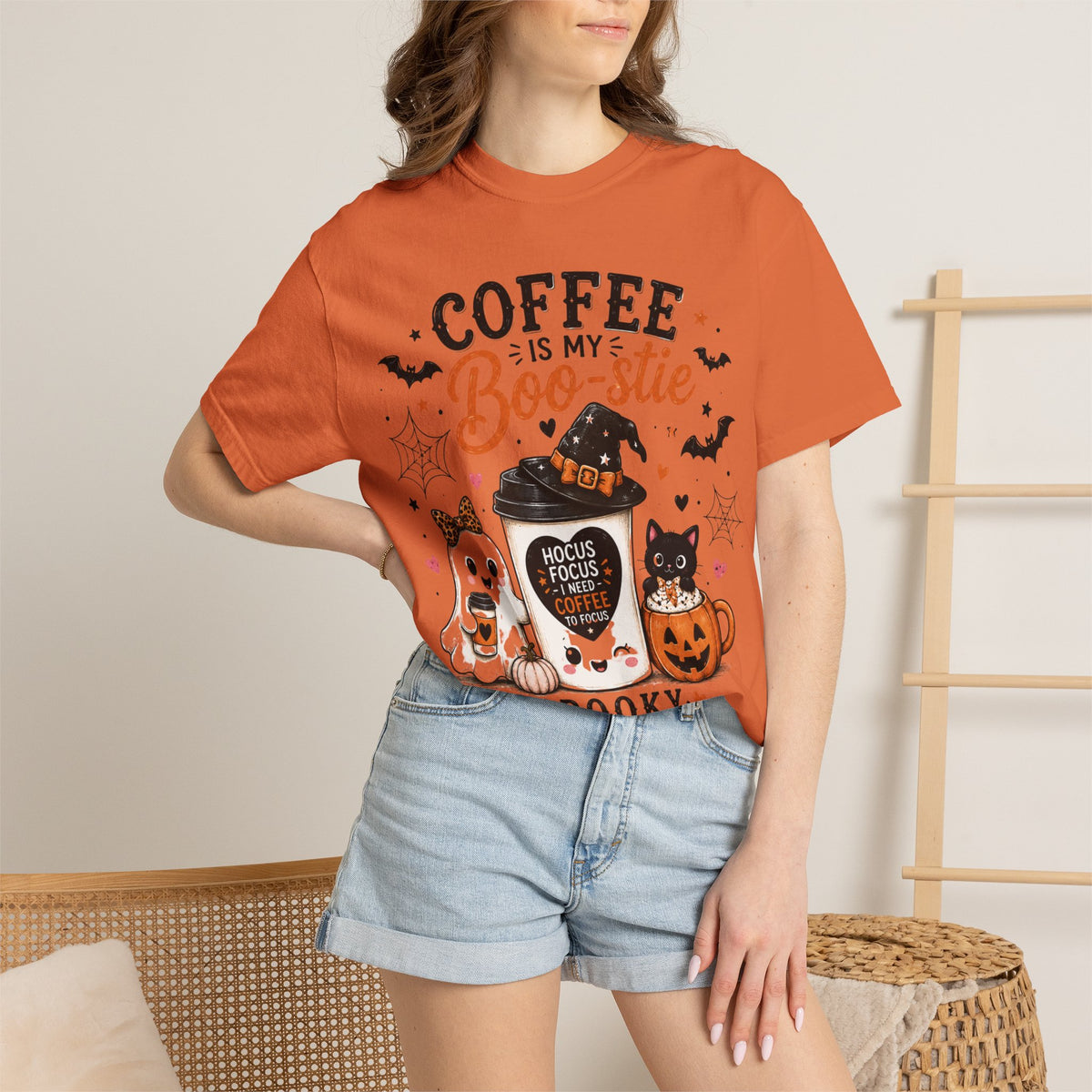 Coffee Is My Boo-stie Halloween Tee — Spooky But Caffeinated Cat & Pumpkin Design