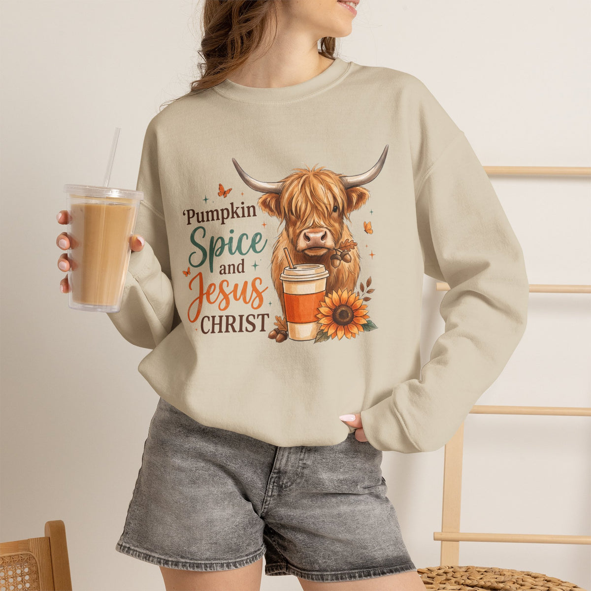 Crewneck Sweatshirt — Pumpkin Spice and Jesus Christ Highland Cow Fall Graphic