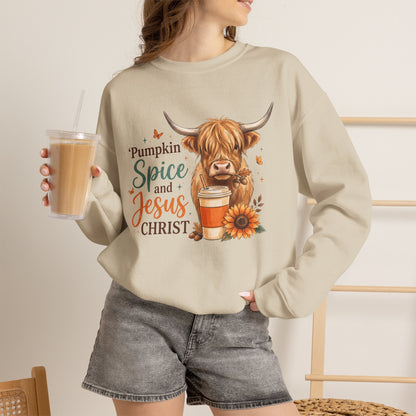 Crewneck Sweatshirt — Pumpkin Spice and Jesus Christ Highland Cow Fall Graphic