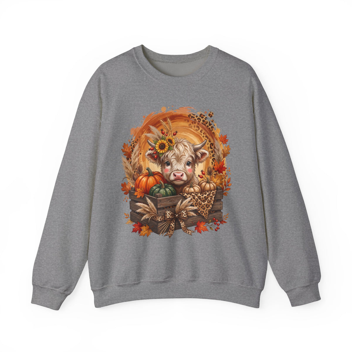 Fall Cow Crewneck Sweatshirt — Autumn Harvest Pumpkins & Sunflower Graphic