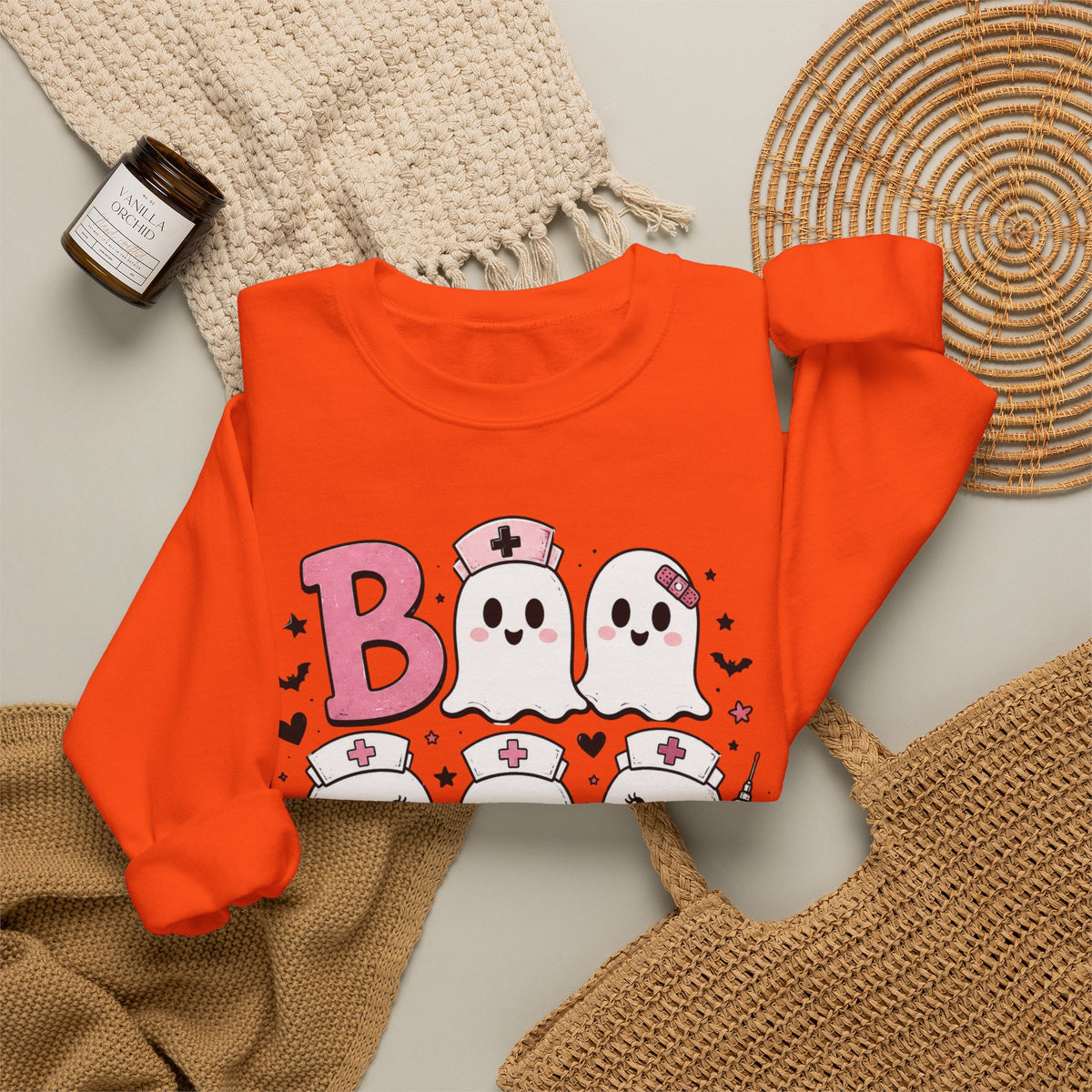 Boo Crew Sweatshirt — Cute Pink Ghost Nurse Halloween Crewneck
