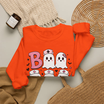 Boo Crew Sweatshirt — Cute Pink Ghost Nurse Halloween Crewneck