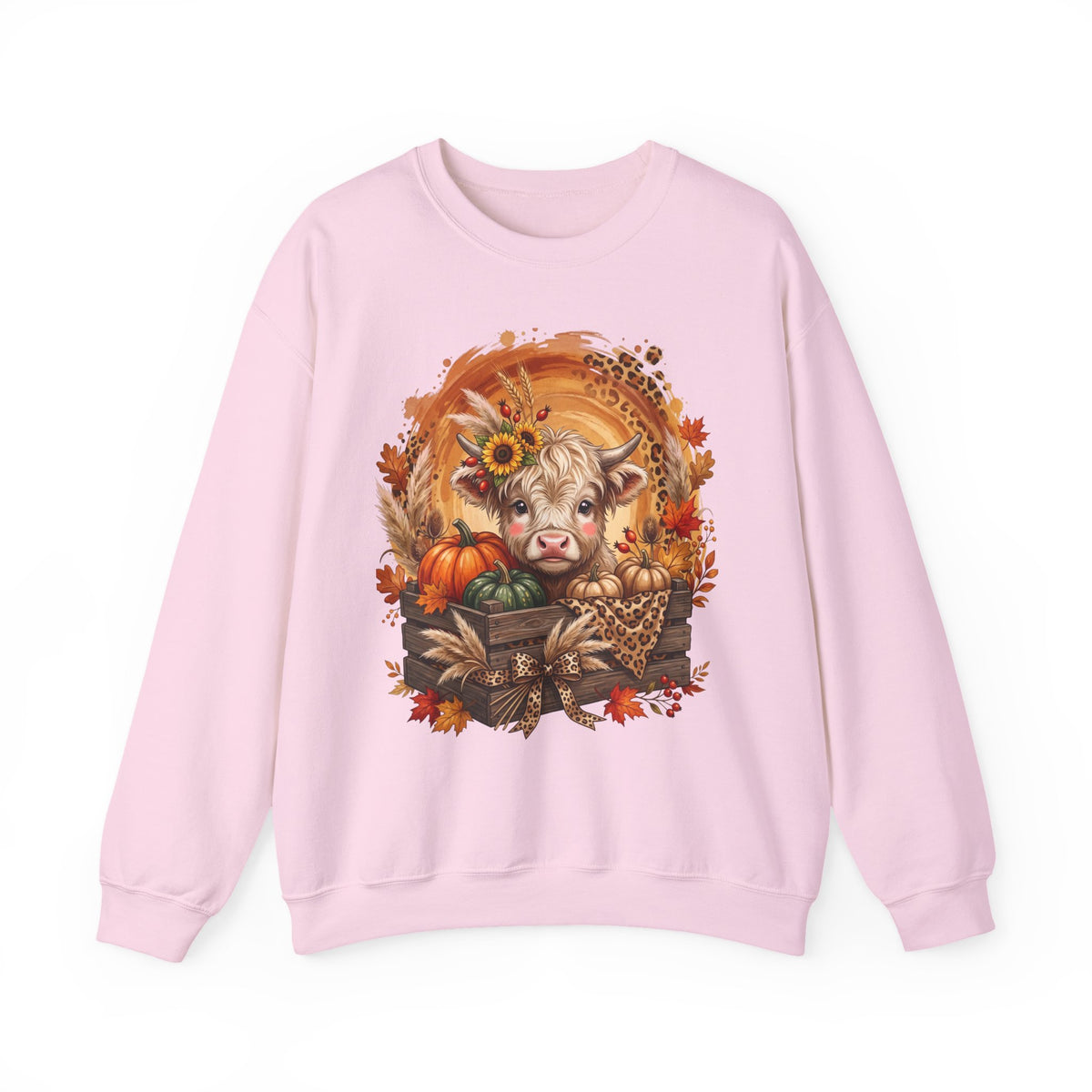 Fall Cow Crewneck Sweatshirt — Autumn Harvest Pumpkins & Sunflower Graphic