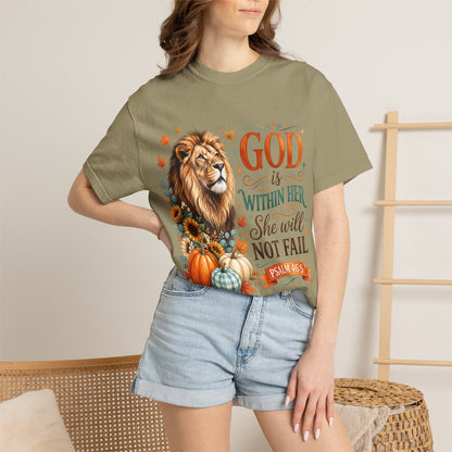 Christian Lion & Fall Pumpkins T-Shirt — "God Is Within Her She Will Not Fail" (Psalm 46:5)
