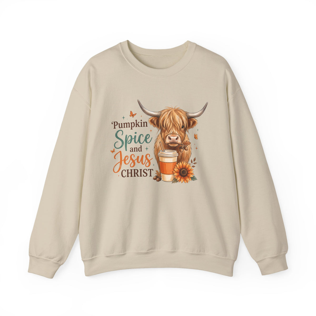 Crewneck Sweatshirt — Pumpkin Spice and Jesus Christ Highland Cow Fall Graphic