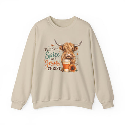 Crewneck Sweatshirt — Pumpkin Spice and Jesus Christ Highland Cow Fall Graphic
