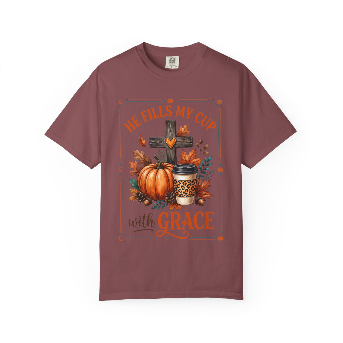 He Fills My Cup With Grace Tee — Christian Fall Pumpkin Cross Coffee Shirt