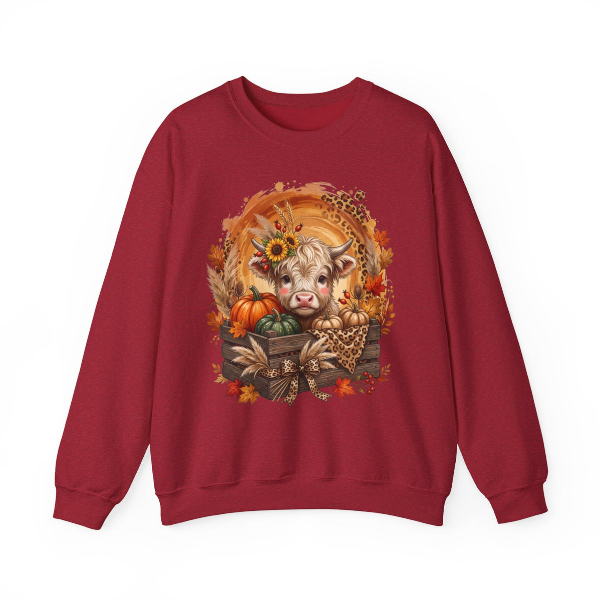 Fall Cow Crewneck Sweatshirt — Autumn Harvest Pumpkins & Sunflower Graphic