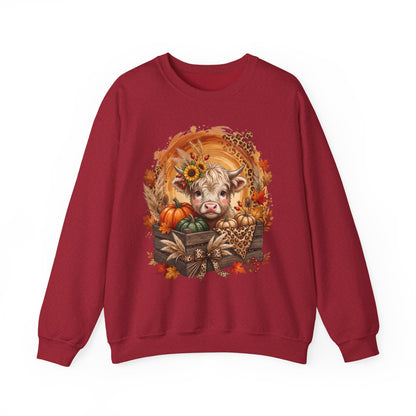 Fall Cow Crewneck Sweatshirt — Autumn Harvest Pumpkins & Sunflower Graphic