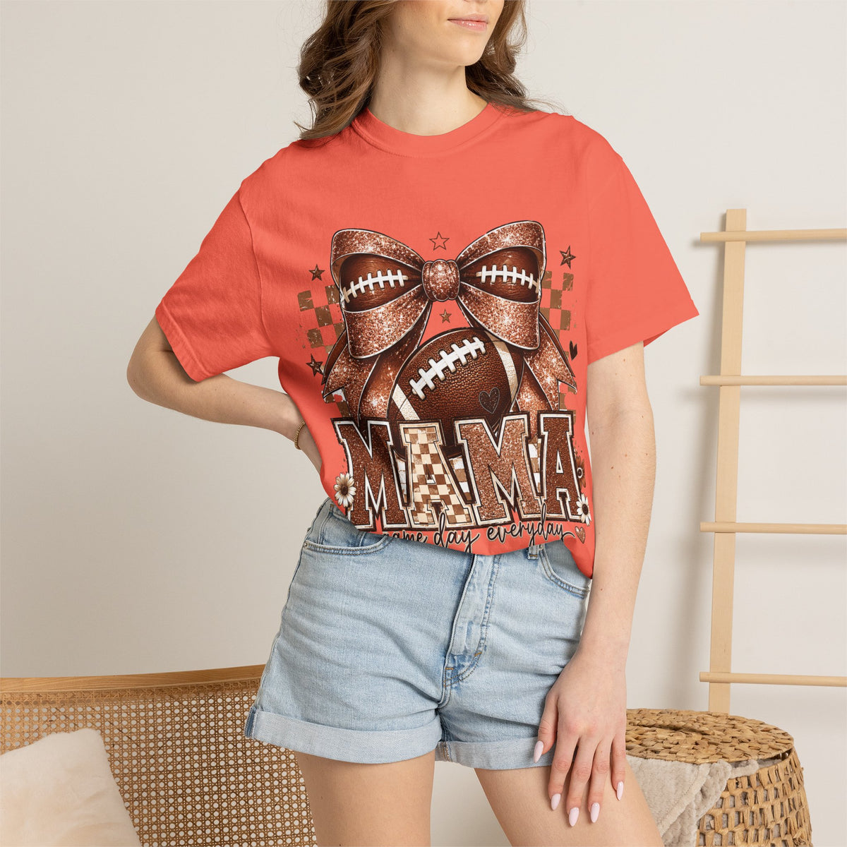 Mama Football Mom T-Shirt — "Mama" Glitter Bow Game Day Tee