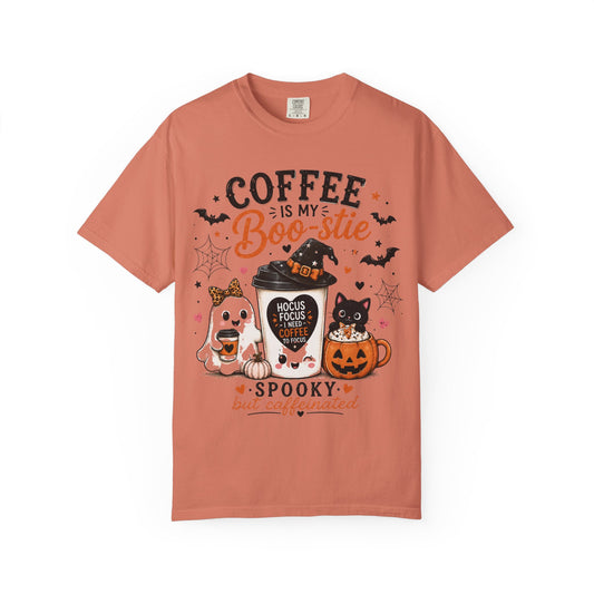 Coffee Is My Boo-stie Halloween Tee — Spooky But Caffeinated Cat & Pumpkin Design