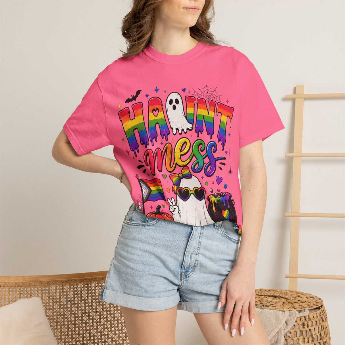 Haunt Mess Pride Halloween T-Shirt — Rainbow Ghost Graphic Tee