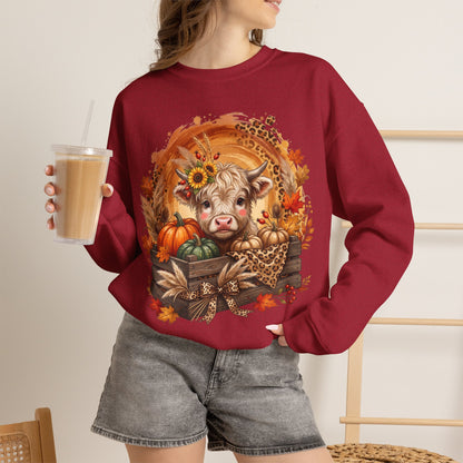Fall Cow Crewneck Sweatshirt — Autumn Harvest Pumpkins & Sunflower Graphic