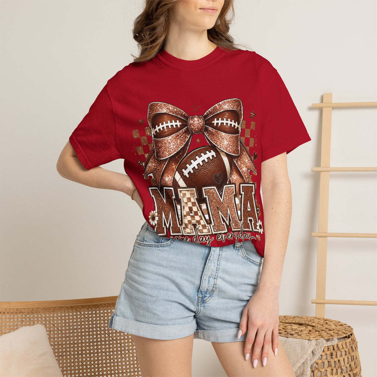 Mama Football Mom T-Shirt — "Mama" Glitter Bow Game Day Tee