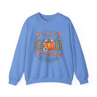 Christian Fall Sweatshirt - "With God Everything Is Possible" Pumpkin Crewneck