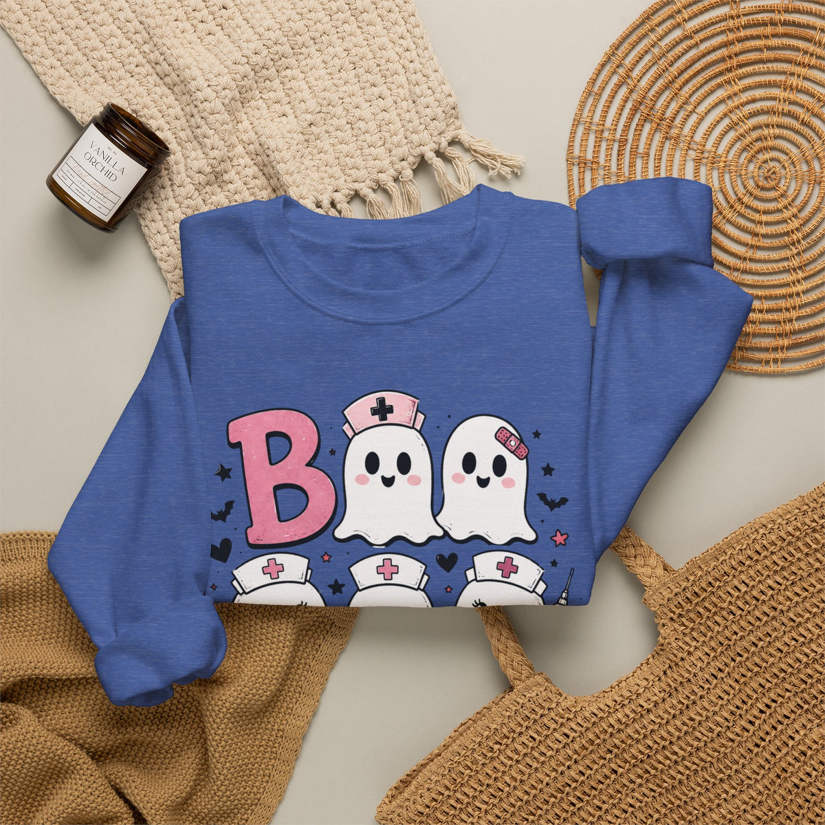 Boo Crew Sweatshirt — Cute Pink Ghost Nurse Halloween Crewneck