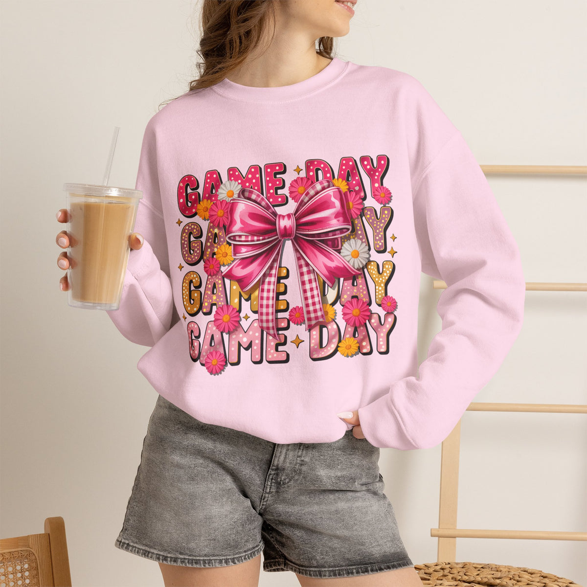 Game Day Bow Sweatshirt — Pink Cheer Graphic Crewneck