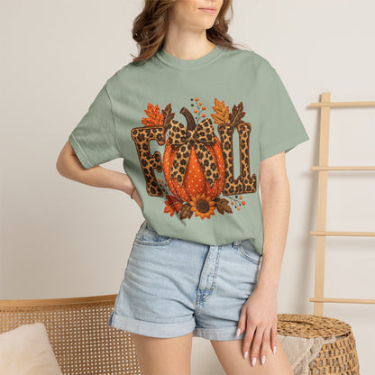 Fall Leopard Pumpkin T-Shirt — Autumn Leaves Graphic Tee
