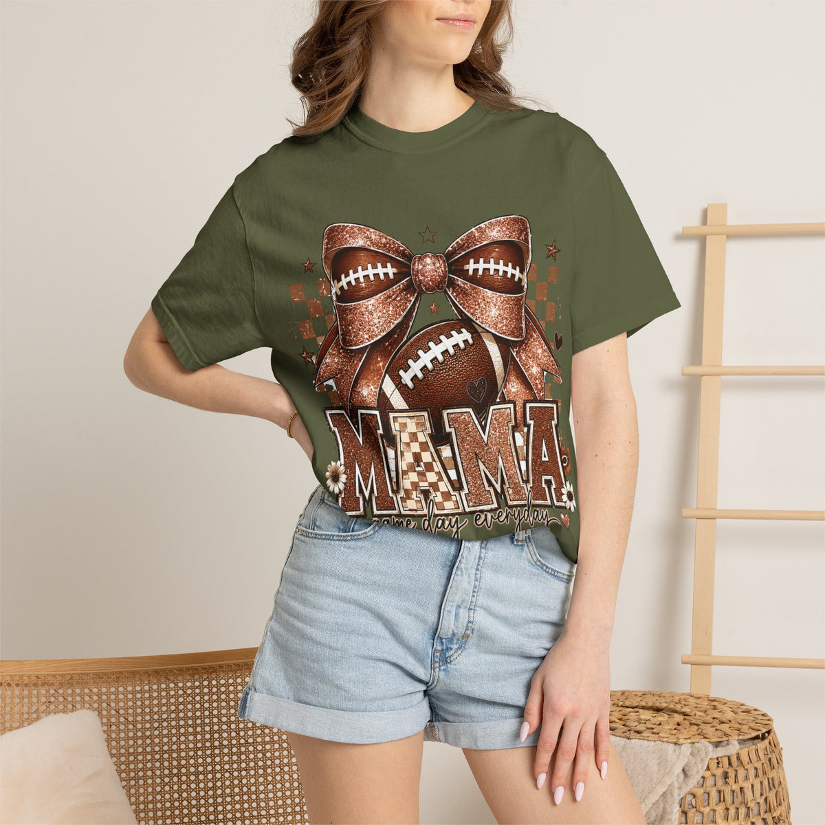 Mama Football Mom T-Shirt — "Mama" Glitter Bow Game Day Tee
