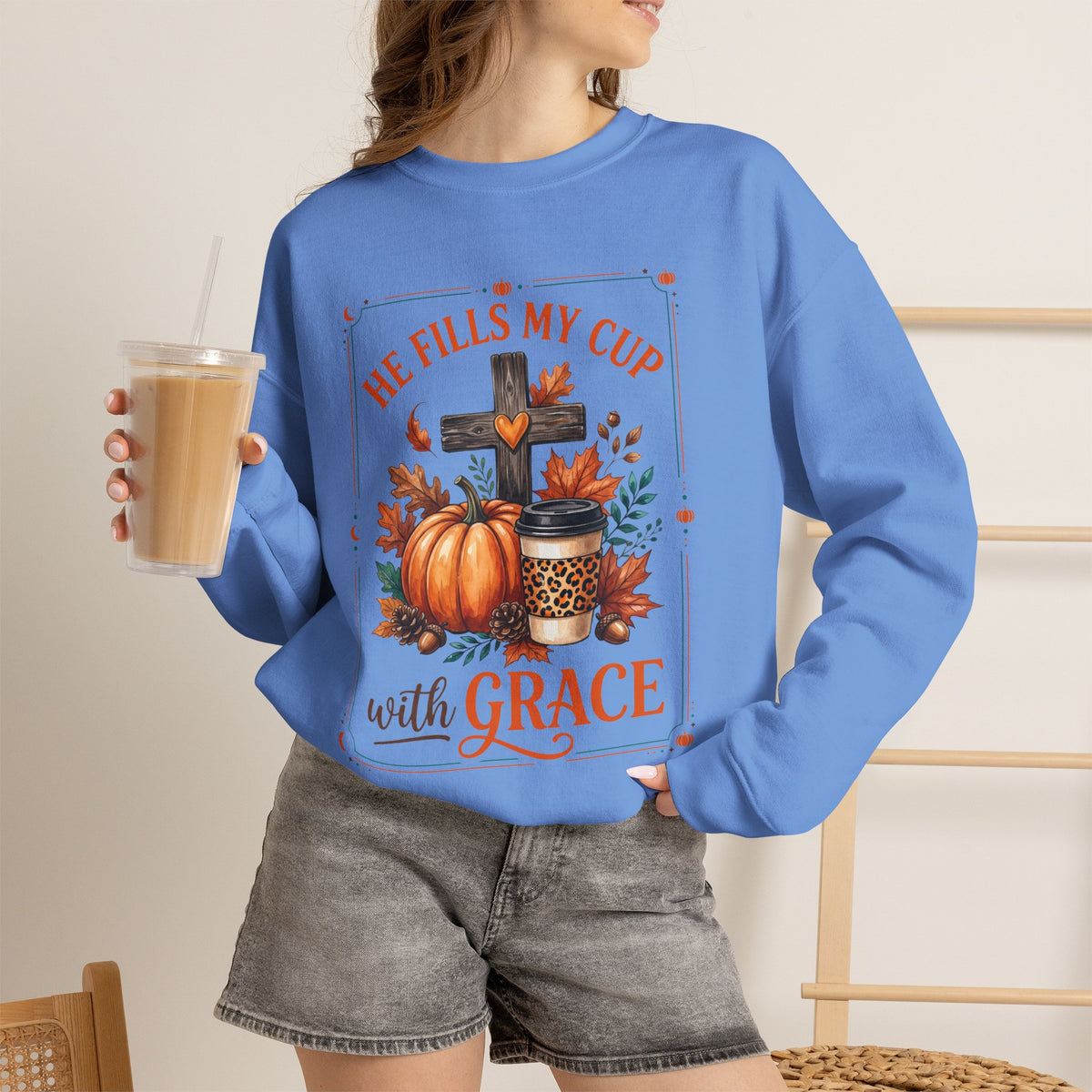 Grace-Filled Autumn Sweatshirt — "He Fills My Cup with Grace" Fall Christian Crewneck