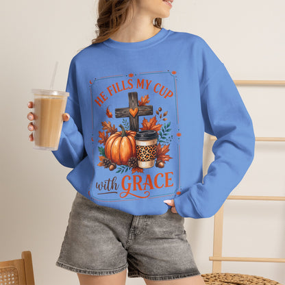 Grace-Filled Autumn Sweatshirt — "He Fills My Cup with Grace" Fall Christian Crewneck