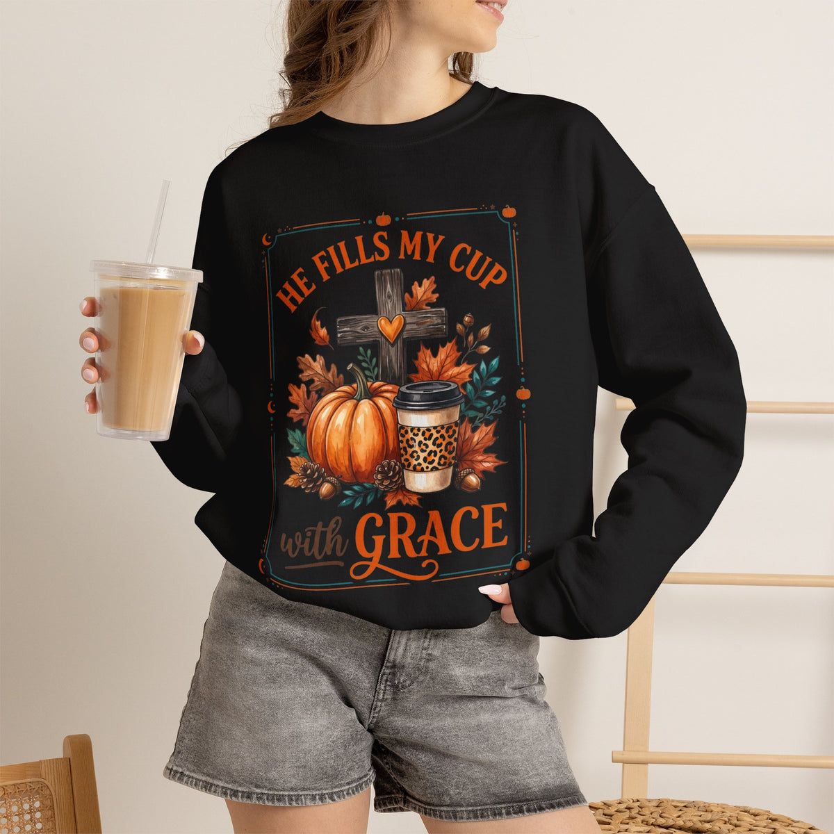 Grace-Filled Autumn Sweatshirt — "He Fills My Cup with Grace" Fall Christian Crewneck