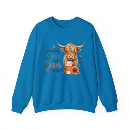 Crewneck Sweatshirt — Pumpkin Spice and Jesus Christ Highland Cow Fall Graphic