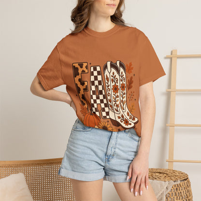 Fall Cowboy Boots T-Shirt — Pumpkin, Leaves & Floral Autumn Graphic Tee