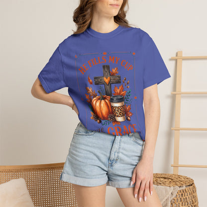 He Fills My Cup With Grace Tee — Christian Fall Pumpkin Cross Coffee Shirt