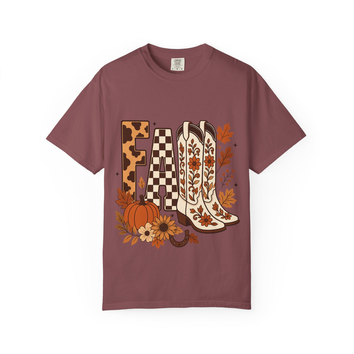 Fall Cowboy Boots T-Shirt — Pumpkin, Leaves & Floral Autumn Graphic Tee