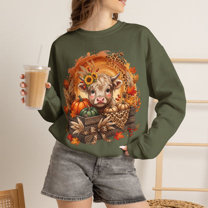Fall Cow Crewneck Sweatshirt — Autumn Harvest Pumpkins & Sunflower Graphic