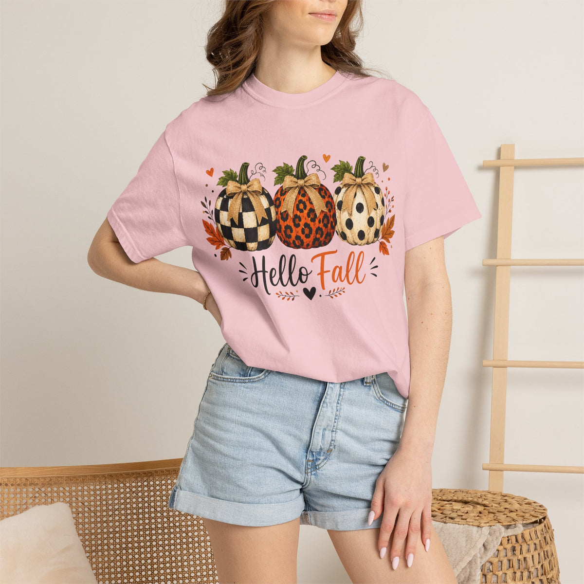 Hello Fall Pumpkin T-Shirt — Rustic Buffalo Check & Leopard Pumpkins, Autumn Graphic Tee