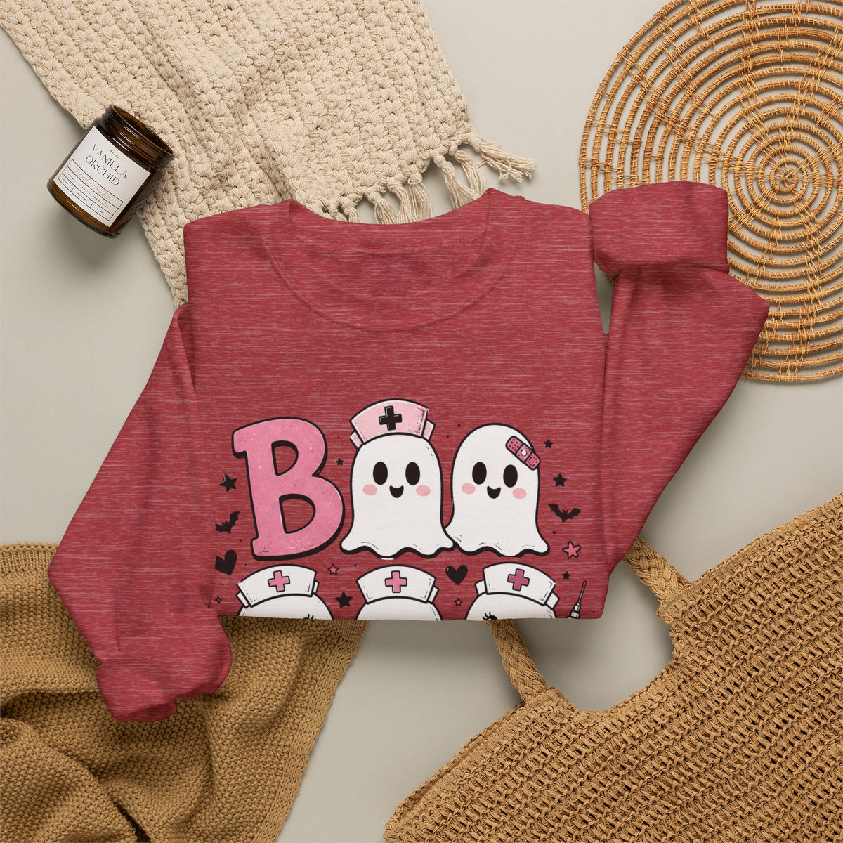 Boo Crew Sweatshirt — Cute Pink Ghost Nurse Halloween Crewneck