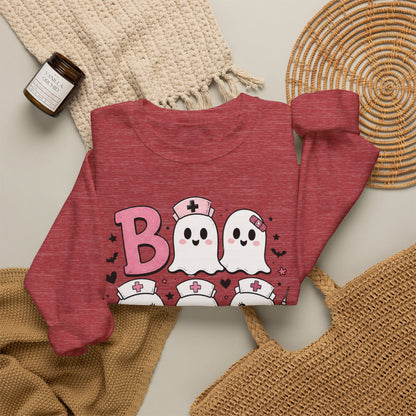 Boo Crew Sweatshirt — Cute Pink Ghost Nurse Halloween Crewneck