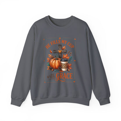 Grace-Filled Autumn Sweatshirt — "He Fills My Cup with Grace" Fall Christian Crewneck